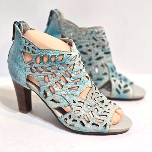 L'Artiste Spring Step Amora Womens 36/5.5-6 Blue Croc Peep Booties Heels Leather - Picture 1 of 8